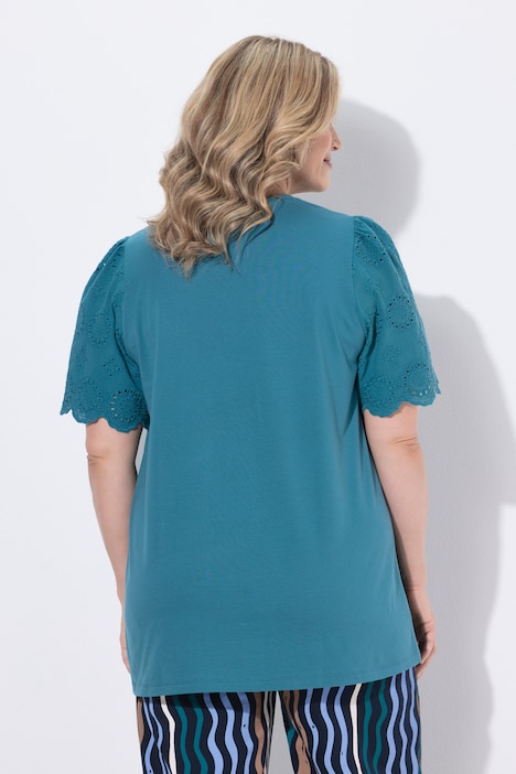 T-Shirt, Stickerei, V-Ausschnitt, Halbarm, Biobaumwolle