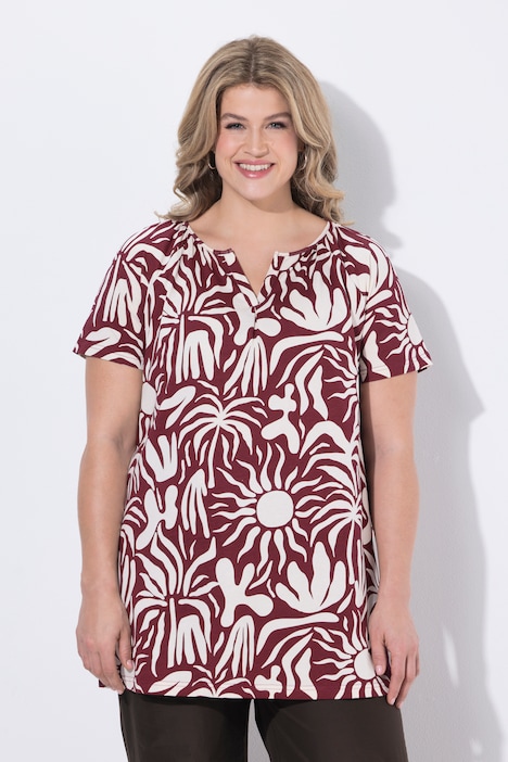 T-Shirt, Blätter, Tunika-Ausschnitt, Cupärmel, Biobaumwolle