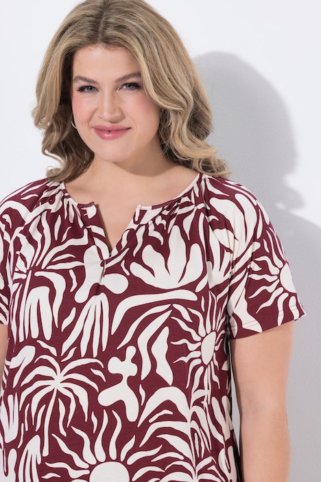 T-Shirt, Blätter, Tunika-Ausschnitt, Cupärmel, Biobaumwolle