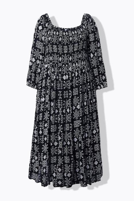 Sukienka maxi, trapezowy krój, dekolt karo, rękaw 3/4