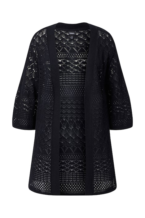 Dlouhý pletený svetr, ažurový úplet, otevřený střih, 3/4 rukáv