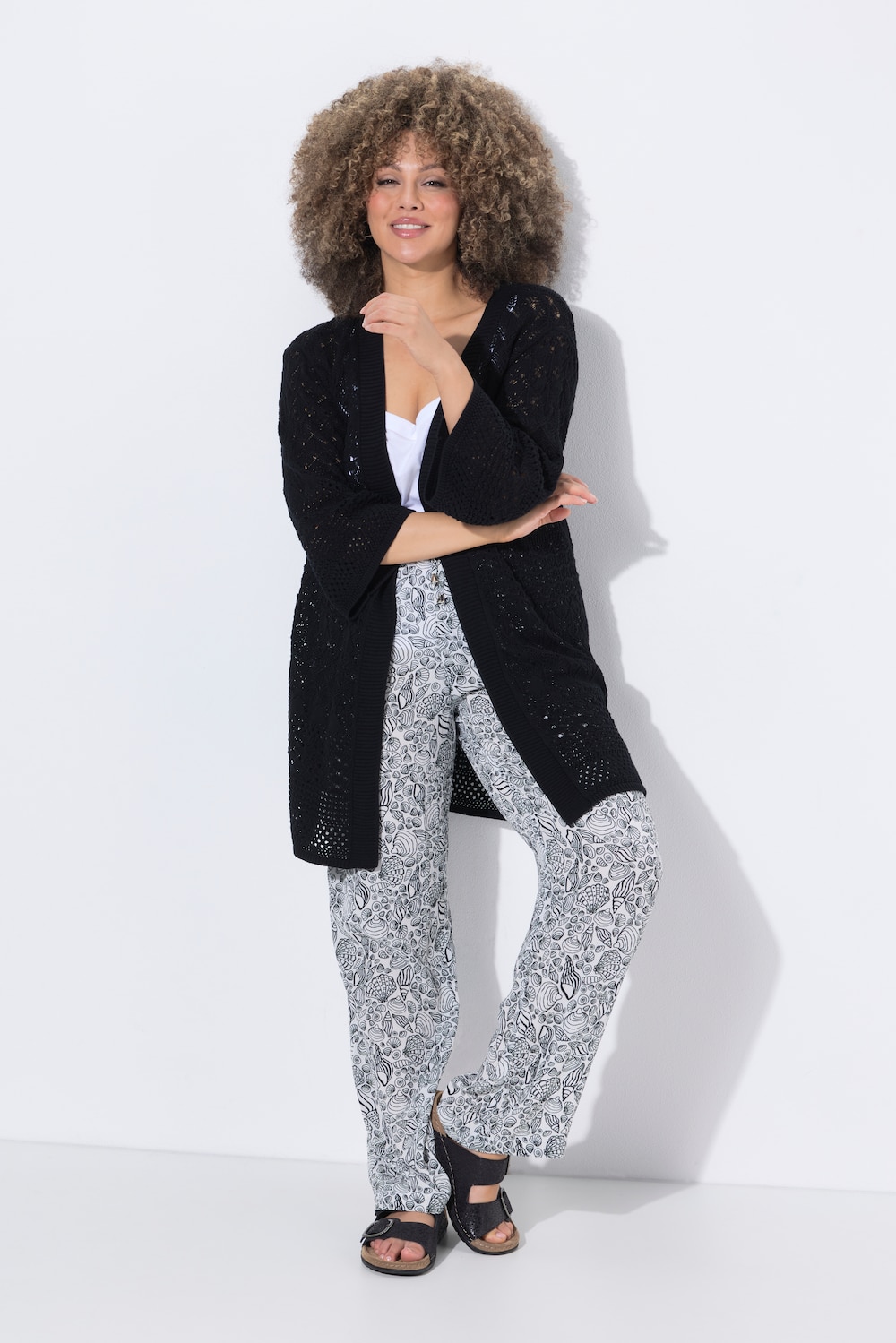 Long-Strickjacke, Ajourstrick, offene Form, 3/4-Arm