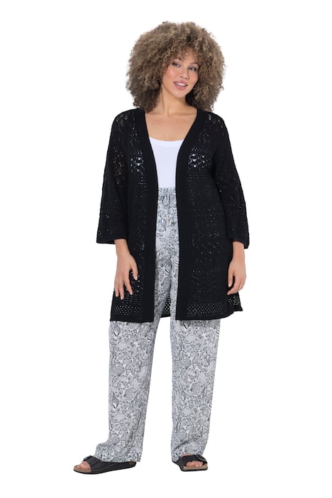 Dlouhý pletený svetr, ažurový úplet, otevřený střih, 3/4 rukáv