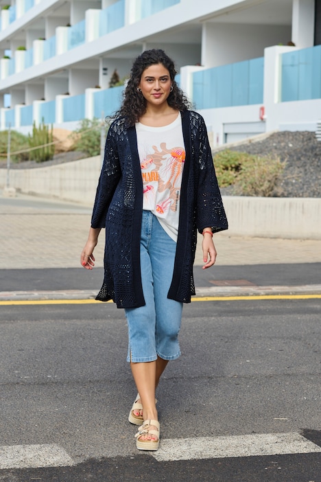 Lange cardigan, ajourbreisel, open model, 3/4-mouwen