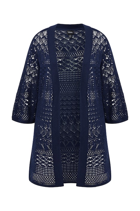 Dlouhý pletený svetr, ažurový úplet, otevřený střih, 3/4 rukáv