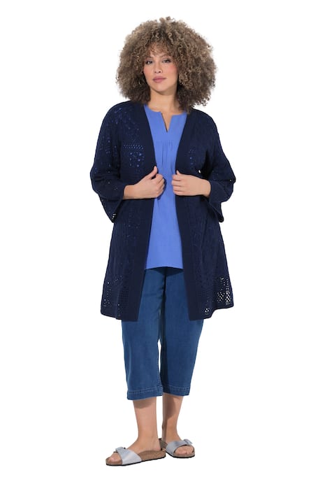 Dlouhý pletený svetr, ažurový úplet, otevřený střih, 3/4 rukáv