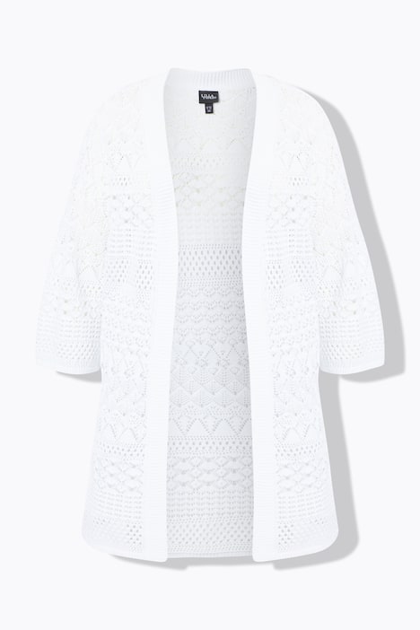 Lange cardigan, ajourbreisel, open model, 3/4-mouwen