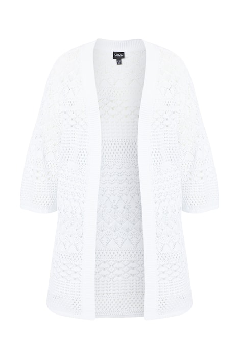 Dlouhý pletený svetr, ažurový úplet, otevřený střih, 3/4 rukáv