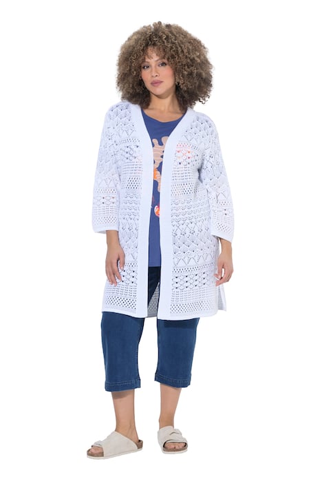 Dlouhý pletený svetr, ažurový úplet, otevřený střih, 3/4 rukáv