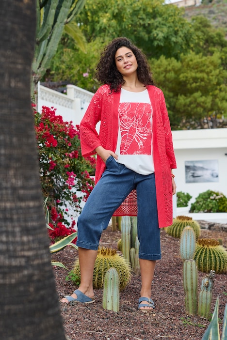 Lange cardigan, ajourbreisel, open model, 3/4-mouwen