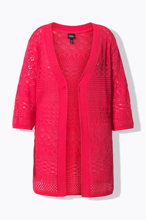Lange cardigan, ajourbreisel, open model, 3/4-mouwen