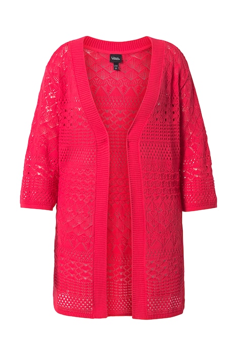 Dlouhý pletený svetr, ažurový úplet, otevřený střih, 3/4 rukáv