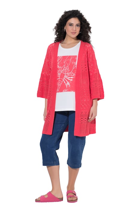 Dlouhý pletený svetr, ažurový úplet, otevřený střih, 3/4 rukáv