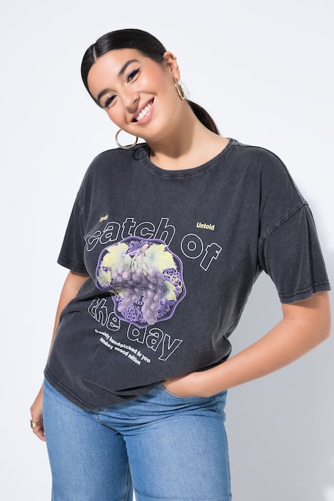 T-Shirt, Grapes Print, Vintage Look, Halbarm