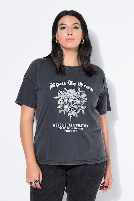 Ulla Popken T-shirt Donna Con Stampa Frontale Classica E Brillantini: Morbida Maglietta In Jersey Con Maniche 3/4 E Girocollo. Vestibilità Comoda.