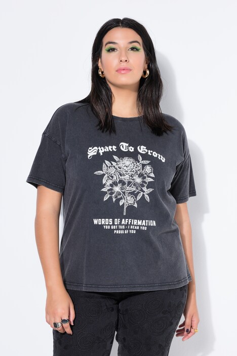 Ulla Popken T-shirt Donna Con Stampa Frontale Classica E Brillantini: Morbida Maglietta In Jersey Con Maniche 3/4 E Girocollo. Vestibilità Comoda.
