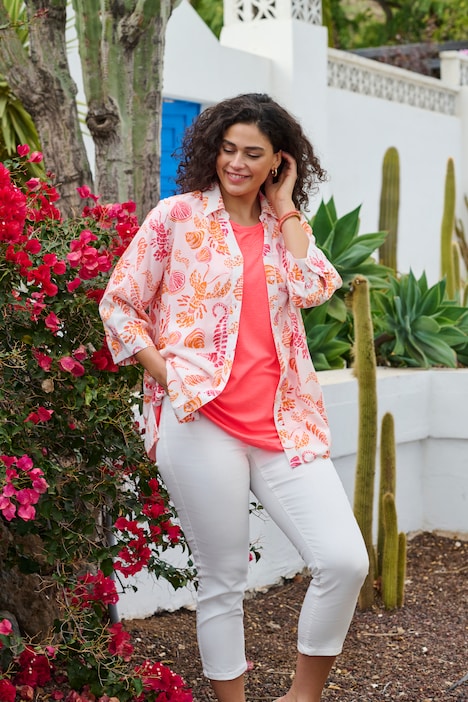 Overhemdblouse, linnenmix, overhemdkraag, 3/4-mouwen