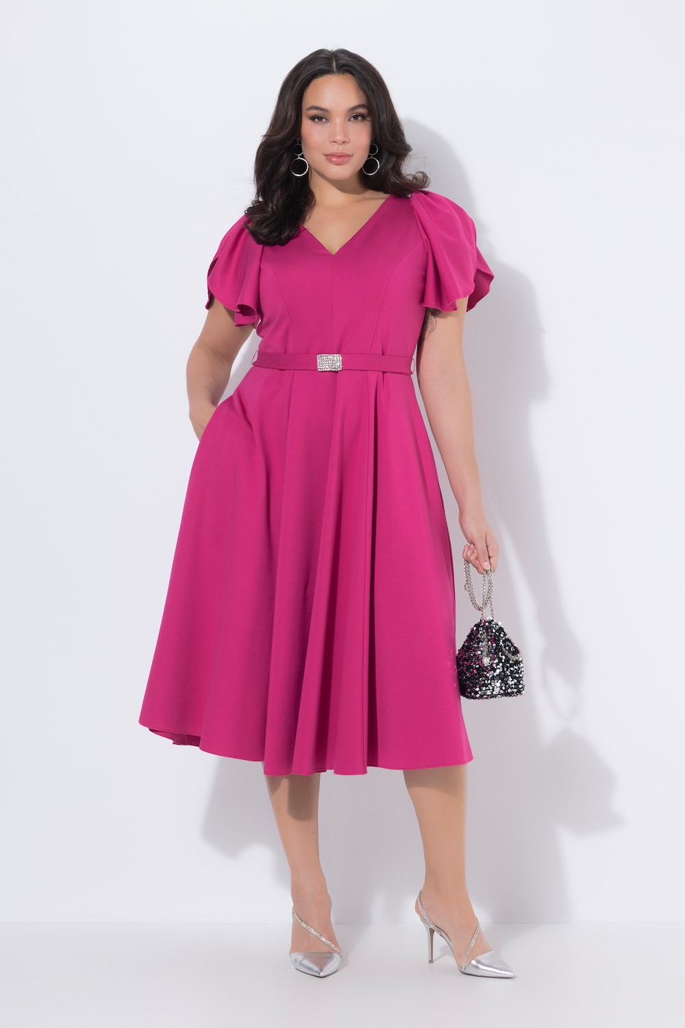 Midi-Abendkleid, Zierschleifen, V-Ausschnitt, ärmellos