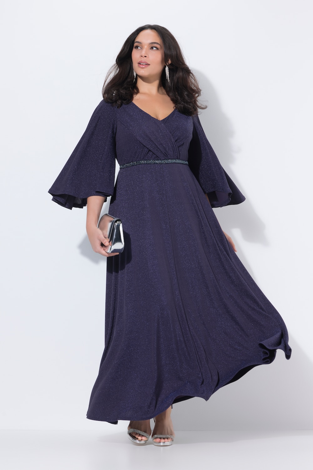 Maxi-avondjurk, gedrapeerd, V-hals, halflange kapmouwen