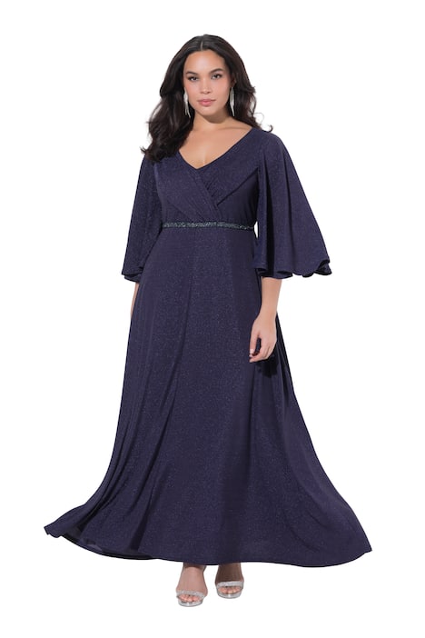 Večerní maxi šaty, řasení, výstřih do V, krátké křidélkové rukávy