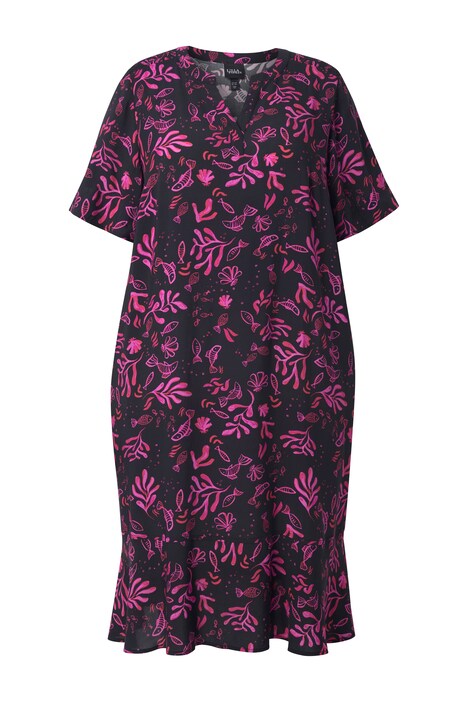 Midi šaty, mořské motivy, tunikový výstřih, zvonový polodlouhý rukáv