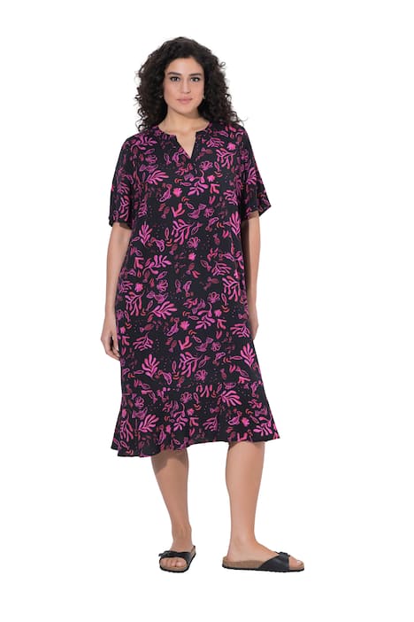 Midi šaty, mořské motivy, tunikový výstřih, zvonový polodlouhý rukáv