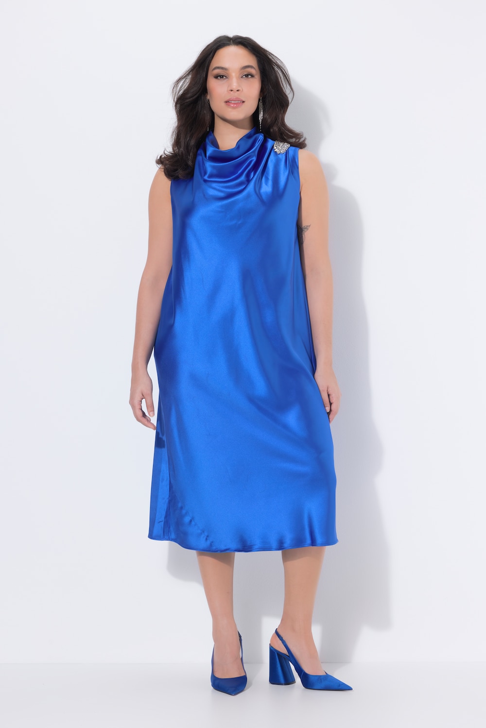 Große Größen Satin-Midikleid, Damen, blau, Größe: 42, Polyester, Ulla Popken