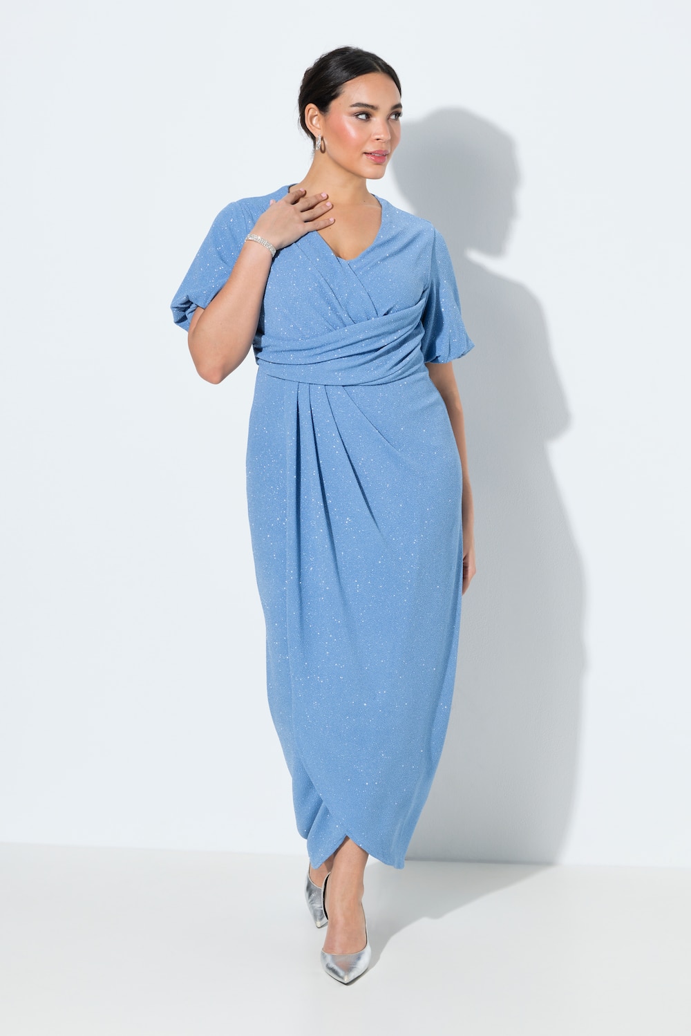 Maxikleid, Wickeloptik, V-Ausschnitt, Ballon-Halbarm