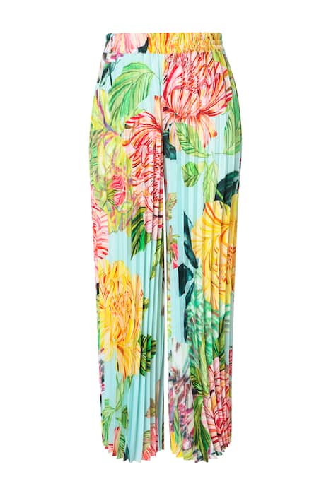 Plisované kalhoty, květinový vzor, široké nohavice, elastický pas