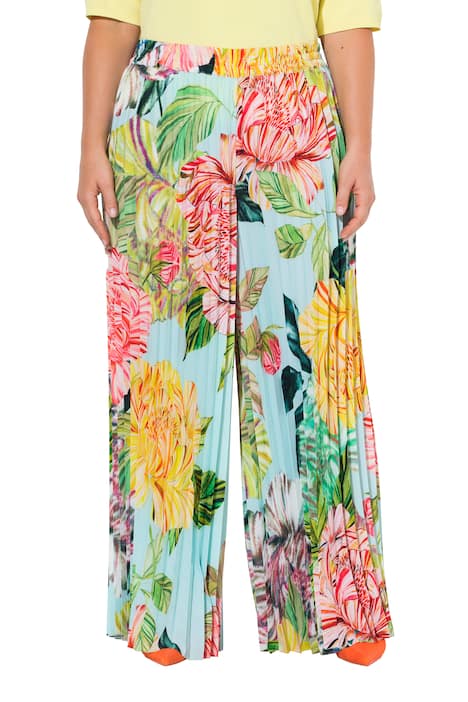 Plisované kalhoty, květinový vzor, široké nohavice, elastický pas