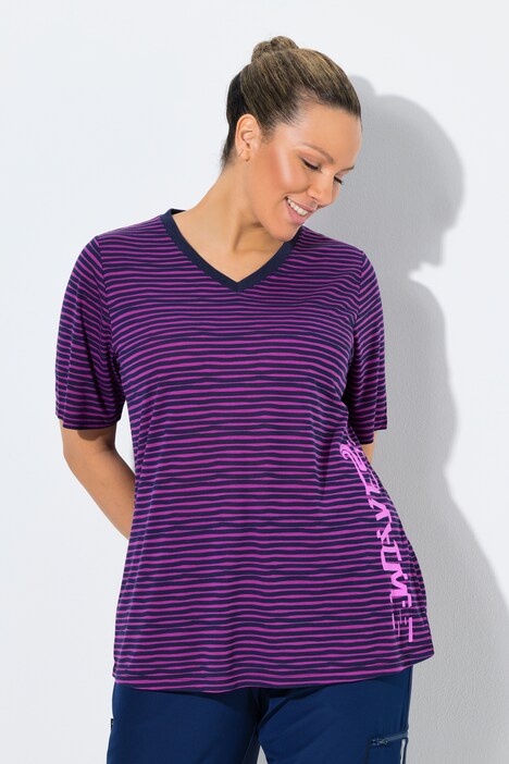 Ulla Popken Maglia Classica A Righe Multicolori - Scollo A V, Mezze Maniche, Vestibilità Comoda, Cotone Elasticizzato, Taglie Forti, Modello 839855