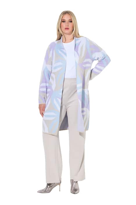 Dlouhý rozepínací svetr, grafický vzor, stojáček, dlouhé rukávy