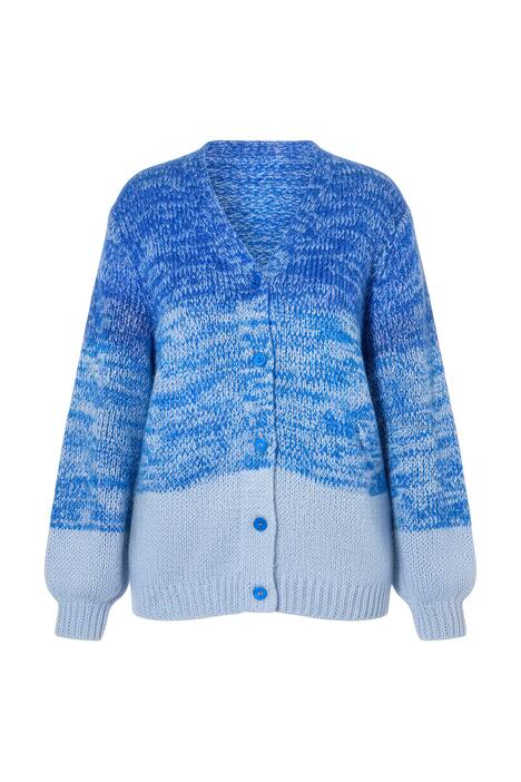 Rozepínací svetr, rovný střih, melanž úplet, balónové rukávy