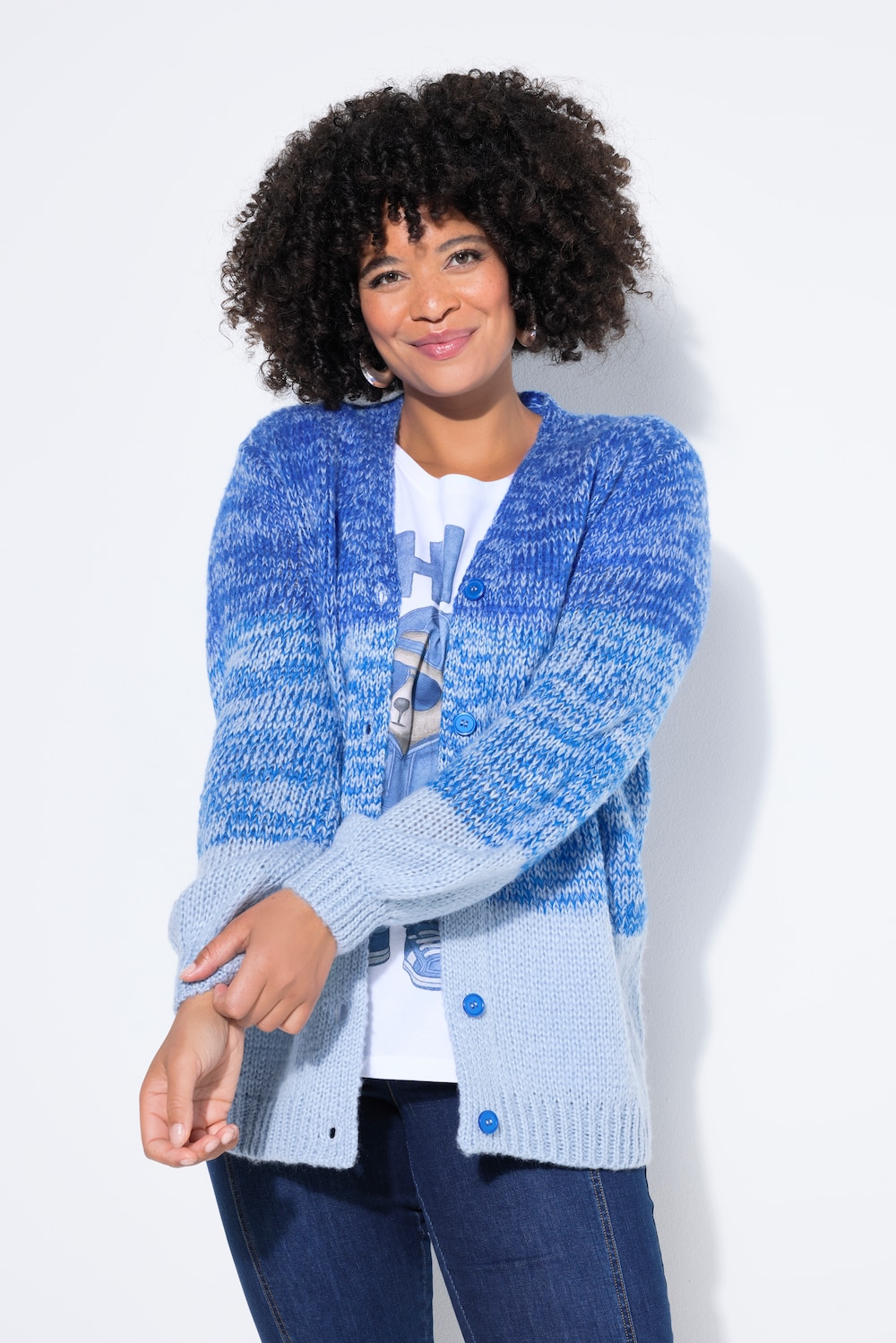 Strickjacke, Straight Fit, Melangestrick, Ballon-Ärmel