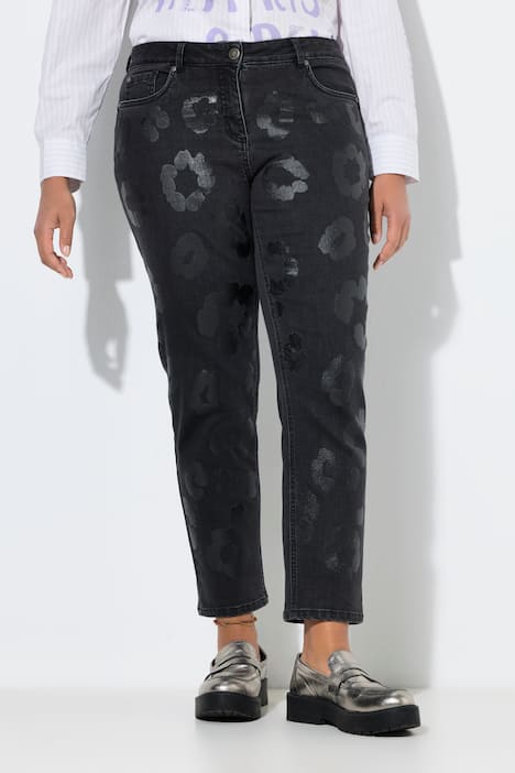 Boyfriend-Jeans, Stretchdenim, glänzender Leo-Druck