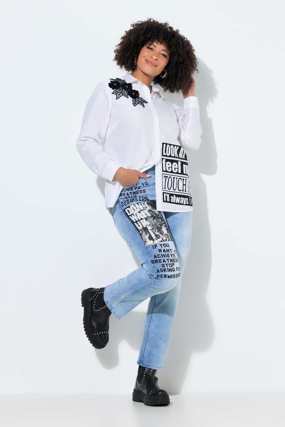 Jeans Paula, lige pasform, badge og print, 5 lommer