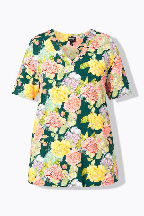 Slinky shirt, bloemen, A-lijn, V-hals, korte mouwen