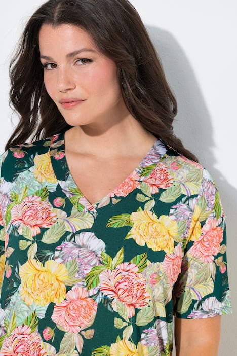 Slinky shirt, bloemen, A-lijn, V-hals, korte mouwen