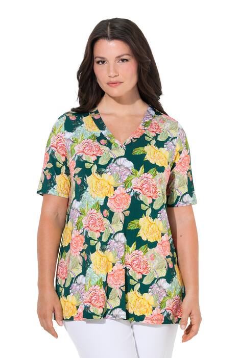 Splývavý top, květinový vzor, áčkový střih, V výstřih, polodlouhý rukáv