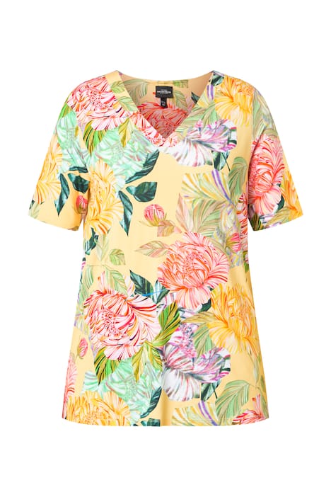 Splývavý top, květinový vzor, áčkový střih, V výstřih, polodlouhý rukáv