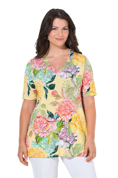 Splývavý top, květinový vzor, áčkový střih, V výstřih, polodlouhý rukáv