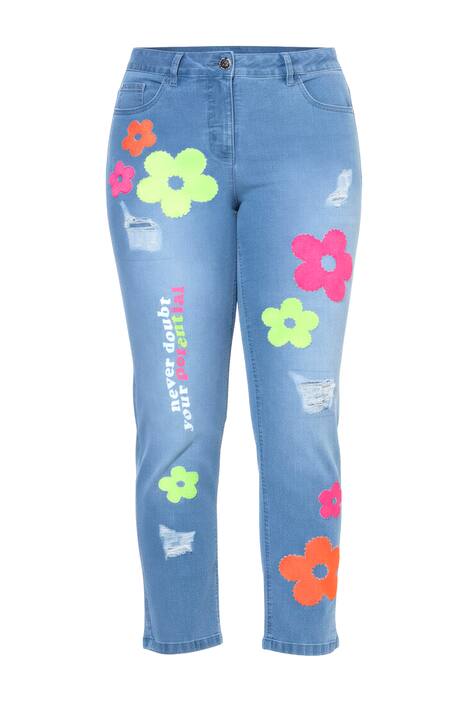 7/8 džíny, rovný střih, aplikace květů, 5 kapes