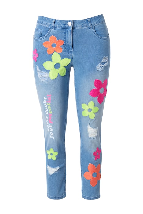7/8 džíny, rovný střih, aplikace květů, 5 kapes