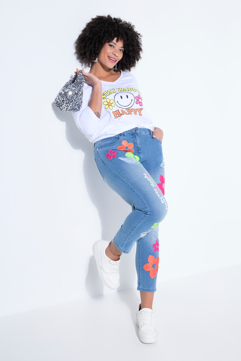 7/8-Jeans, Straight Fit, Blüten-Applikationen, 5-Pocket