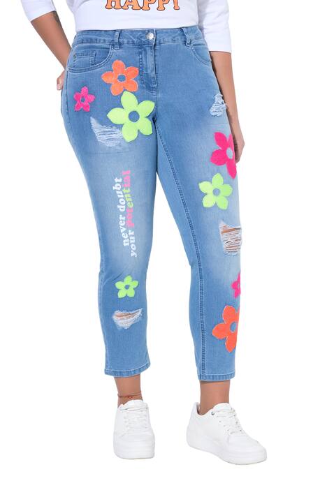 7/8 džíny, rovný střih, aplikace květů, 5 kapes