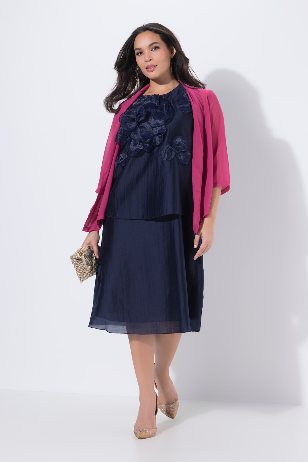 Chiffon-Midikleid, Blüten-Applikation, Rundhals, ärmellos