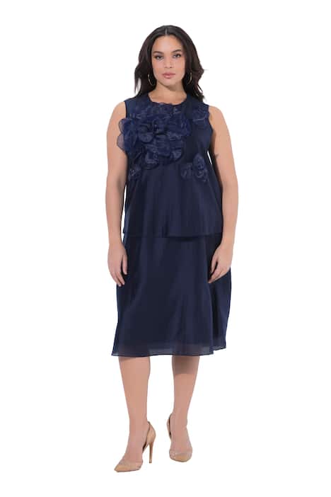 Šifonové midi šaty, aplikace květů, kulatý výstřih, bez ruikávů