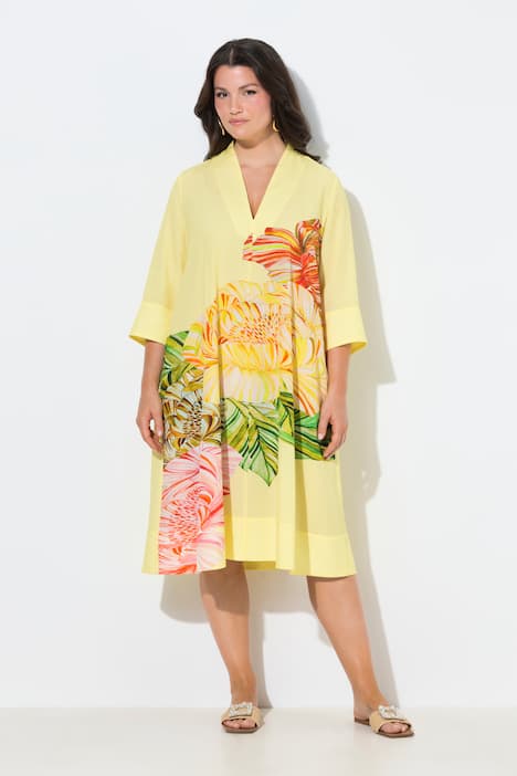 Midi-jurk, bloemen, gobletkraag, 3/4-mouwen, lyocell