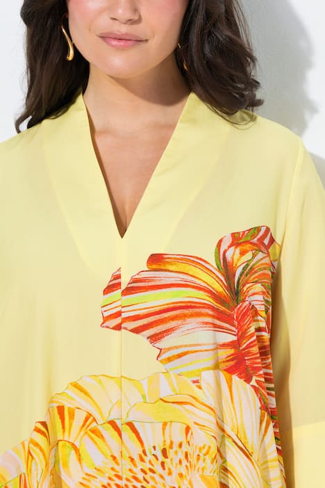 Midi-jurk, bloemen, gobletkraag, 3/4-mouwen, lyocell