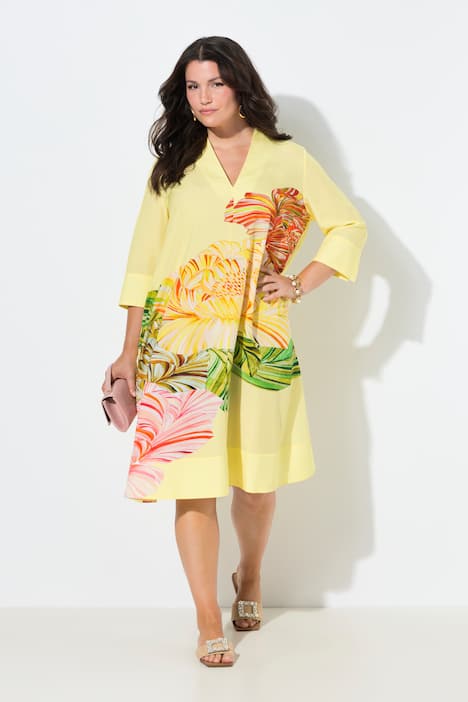 Midi-jurk, bloemen, gobletkraag, 3/4-mouwen, lyocell